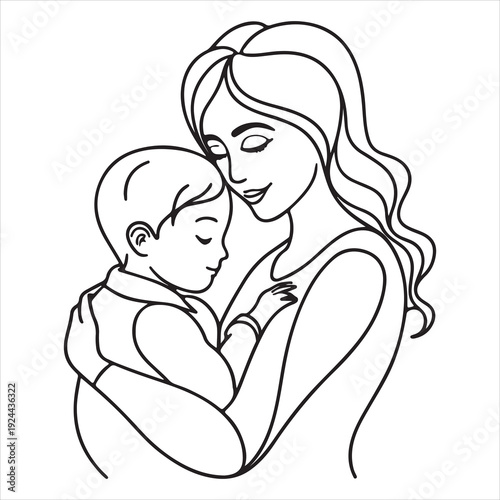 minimal outline mother hugging child vector illustration