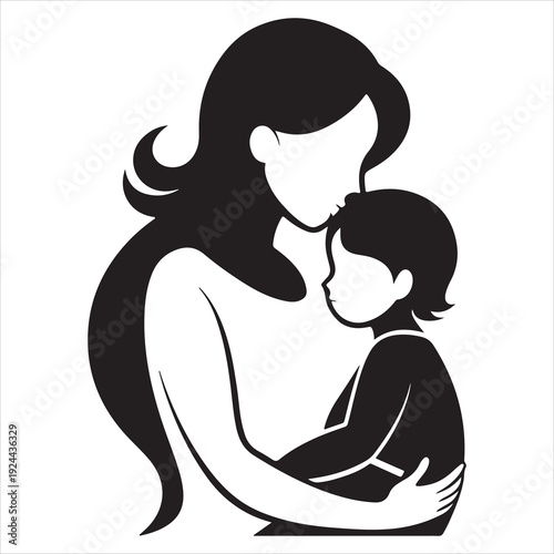 minimal outline mother hugging child vector illustration