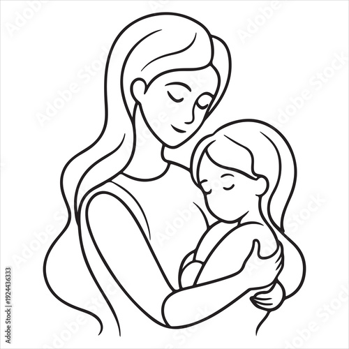 minimal outline mother hugging child vector illustration