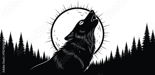 A wolf howls at the full moon in a forest