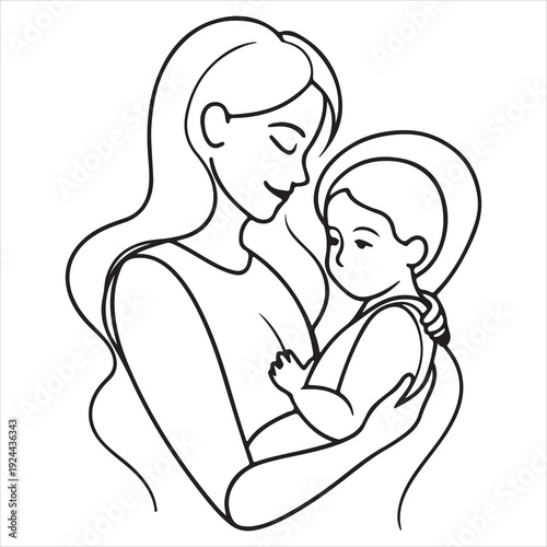 minimal outline mother hugging child vector illustration
