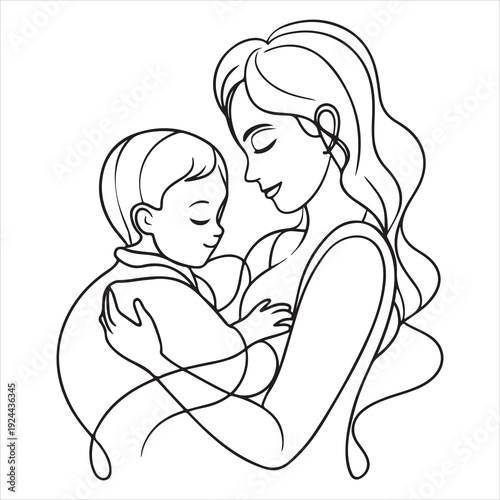 minimal outline mother hugging child vector illustration