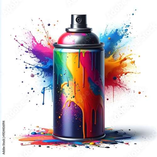 Vivid rainbow paint drips down a black spray can against a splash of vibrant color on a white background