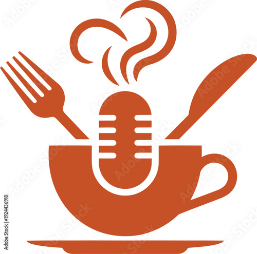 Food podcast microphone icon with fork, knife, and steaming cup
