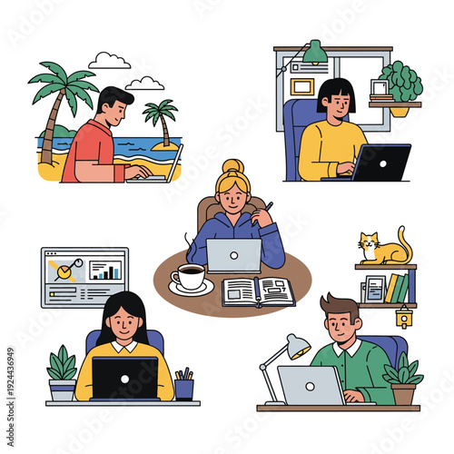 People Working on Laptops in Various Settings.