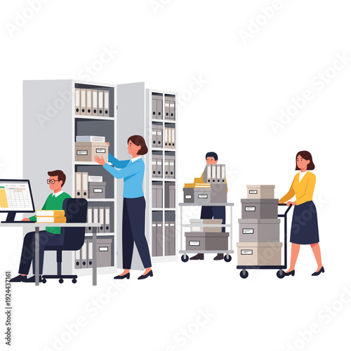 Office workers with file boxes.