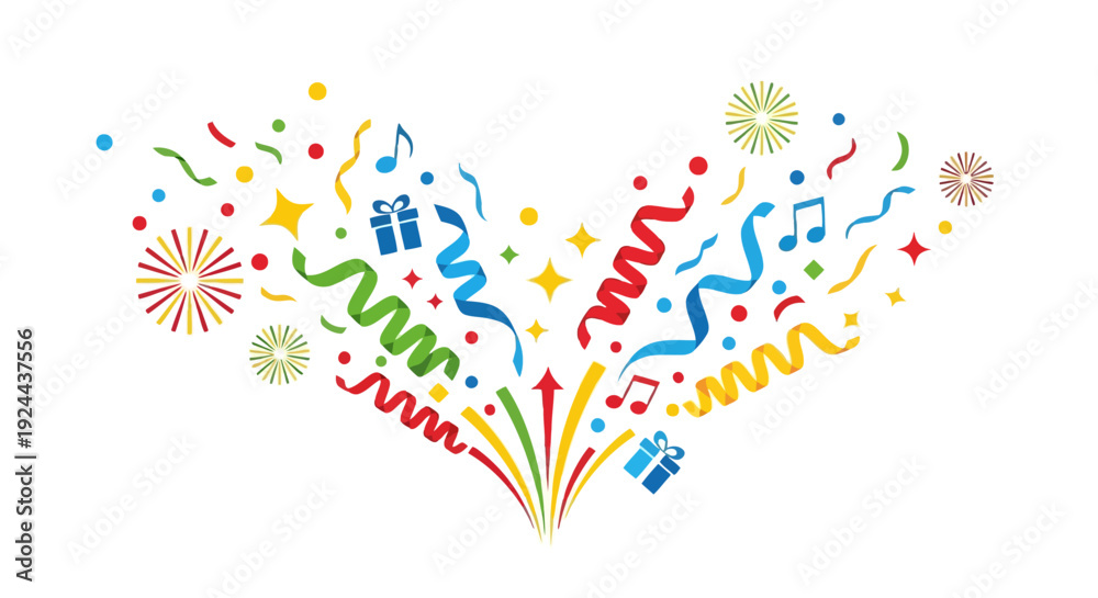 Obraz premium Joyful vector party explosion with colorful confetti streamers gifts and musical notes