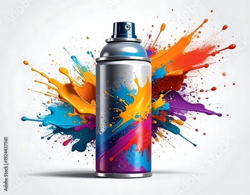Spray can with vibrant colorful paint splashes against a white background, creating a dynamic artistic effect