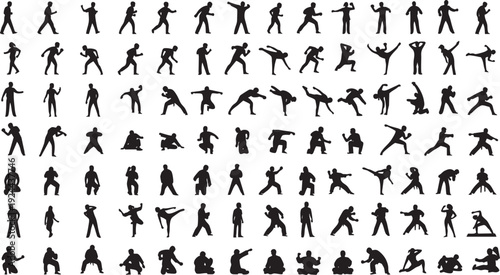 Mega Set of Martial Arts Silhouettes - Professional Karate, Judo, Taekwondo, and Kung Fu Action Poses Black Pictogram Vector