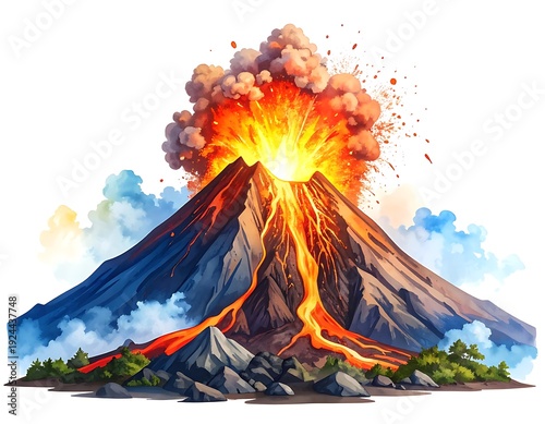 Stylized volcano erupting lava and smoke against a white background. Clouds and rocks dot the base