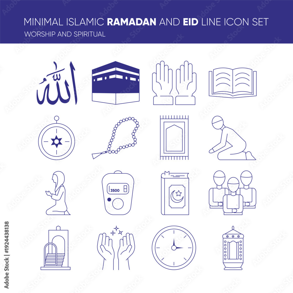 Fototapeta premium Minimal Islamic Worship and Spiritual Line Icon Set for Ramadan and Eid
