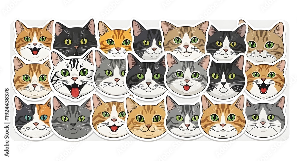 Obraz premium A cheerful group of cartoon cat faces in diverse colors and patterns for playful graphic design