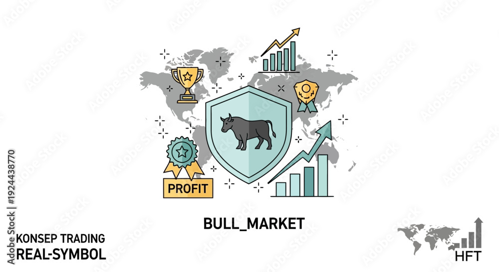Obraz premium Bull market concept illustrated with financial growth elements and world map