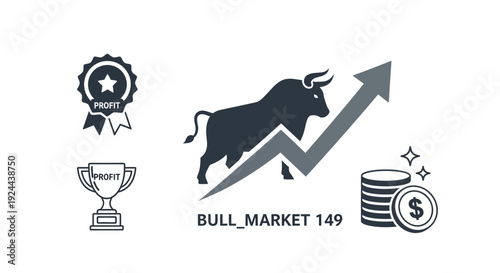 Bull market concept bull with rising arrow and icons for financial success