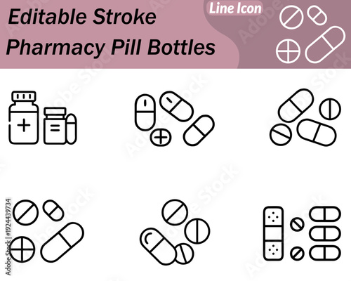A pharmacy icon featuring pill bottles capsules and tablets representing medication. Prescriptions health and pharmaceutical care. Designed with clean lines clear shapes and a modern style for easy.