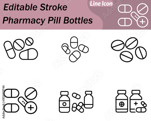 A pharmacy icon featuring pill bottles capsules and tablets representing medication. Prescriptions health and pharmaceutical care. Designed with clean lines clear shapes and a modern style for easy.