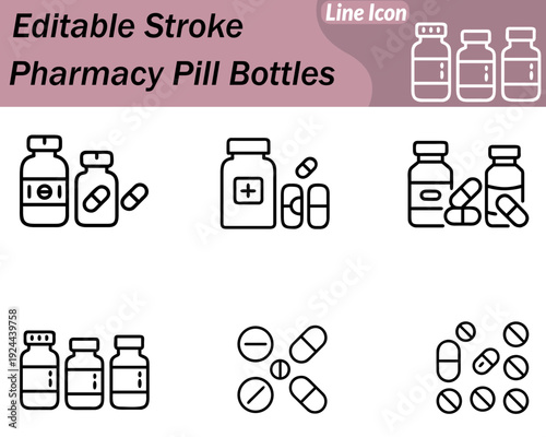 A pharmacy icon featuring pill bottles capsules and tablets representing medication. Prescriptions health and pharmaceutical care. Designed with clean lines clear shapes and a modern style for easy.