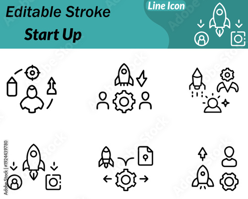 A Start-Up icon in character style shows an enthusiastic entrepreneur next to a launching rocket. Glowing light bulb symbolizing innovation growth. The character wears casual business attire cheerful.