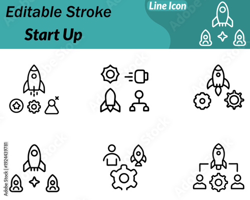 A Start-Up icon in character style shows an enthusiastic entrepreneur next to a launching rocket. Glowing light bulb symbolizing innovation growth. The character wears casual business attire cheerful.