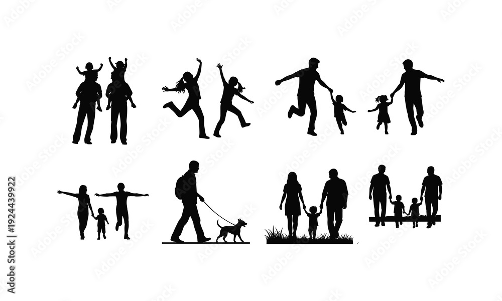 Fototapeta premium Silhouettes of families enjoying outdoor activities together in a park