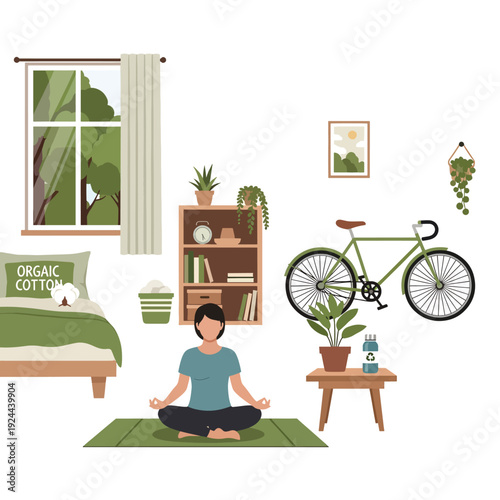 Young woman practicing yoga at home.