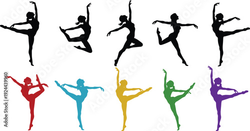Set of Graceful Ballerina Silhouette Vectors Featuring Female Dancers in Artistic Poses and Jumping Movements with Colorful Rainbow Options for Dance Studio Performance