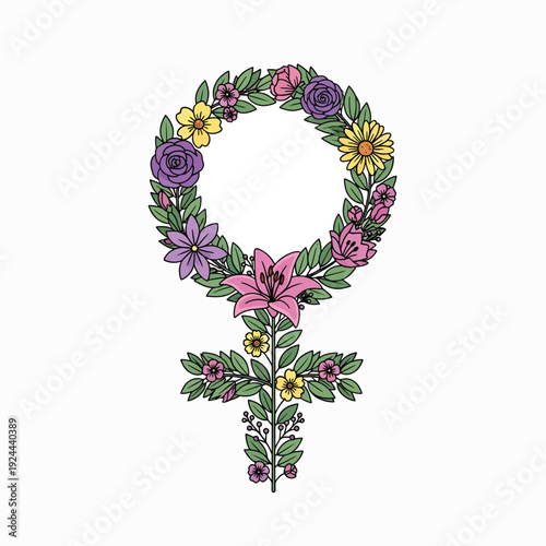 Feminist Symbol with Colorful Flowers.