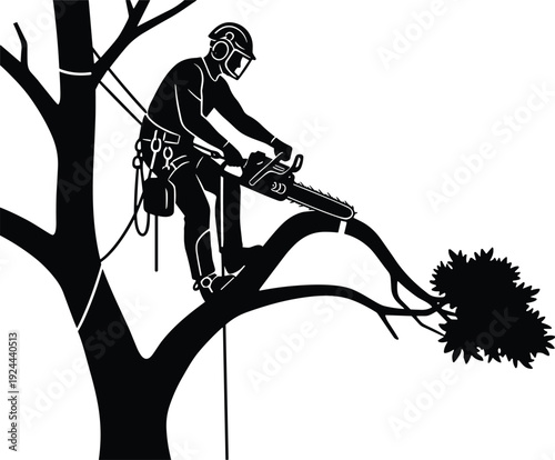 Black Silhouette Vector Illustration of Professional Arborist Wearing Safety Gear Using a Chainsaw to Prune High Tree Branches for Landscaping Forestry