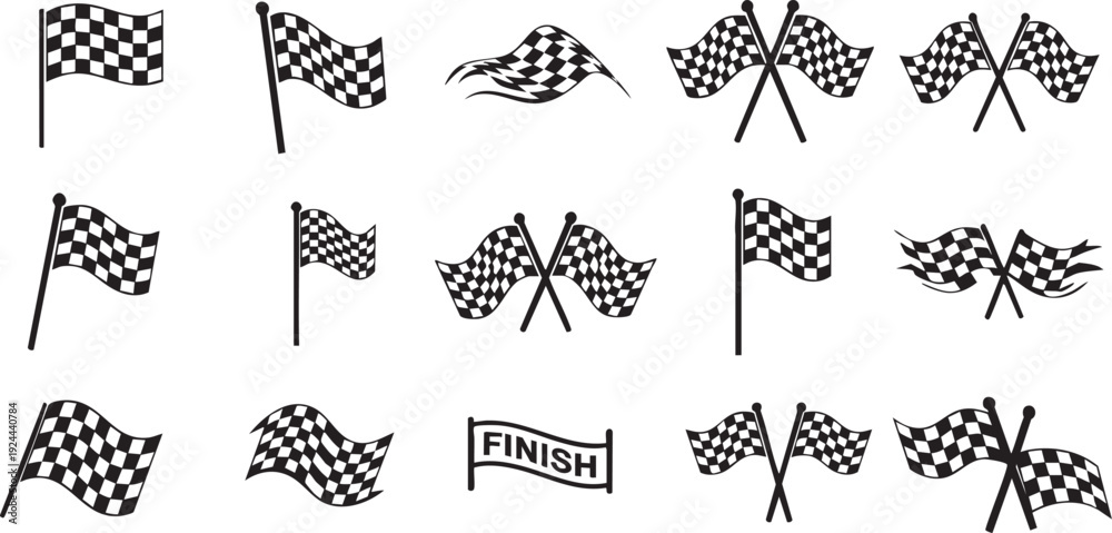 Fototapeta premium Racing Checkered Flag Icon Set - Motorsport Competition, Grand Prix Finish Line, and Automotive Speed Achievement Vector Symbols