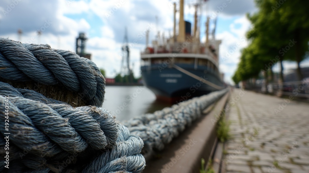 Obraz premium Thick blue nautical rope tied at a dock. Industrial maritime atmosphere with a blurred ship in the distance. Ideal for logistics, shipping, and travel themes.