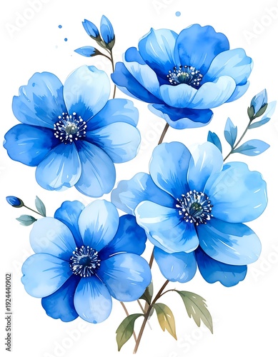 Watercolor painting of four beautiful blue flowers with green stems, against a white background and speckled artistic additions