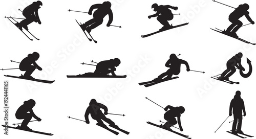 Winter Sports Skiing Silhouette Set - Downhill Skiers, Slalom Athletes, and Mountain Adventure Action Figures Vector
