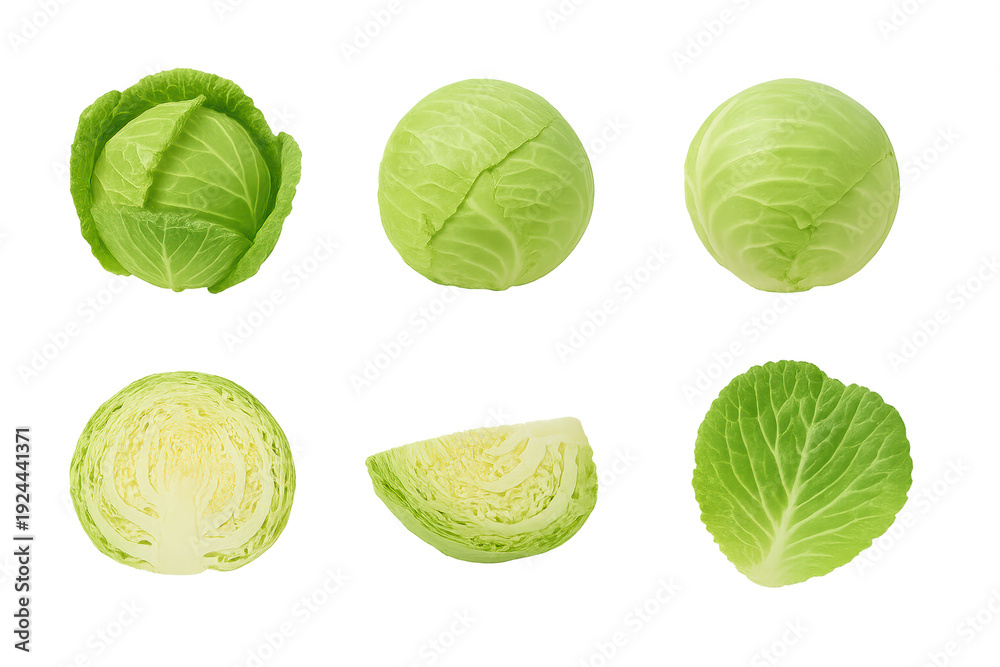 Fototapeta premium Fresh green cabbages and cabbage leaves shown whole, halved and sliced on a transparent background