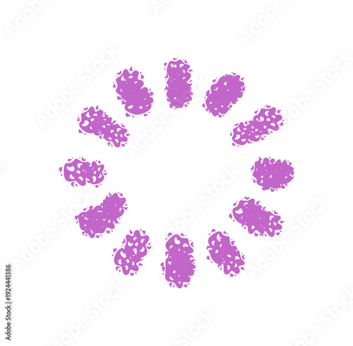 Crayon firecracker pattern forms a starburst circle with festive burst element. Celebration motif combines round ornament and bold texture. Playful design in vivid purple color suits party, holiday,