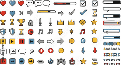Retro Pixel Art Game UI Icon Set - 8-Bit Gaming Elements, Health Hearts, Trophies, and Navigation Buttons Vector