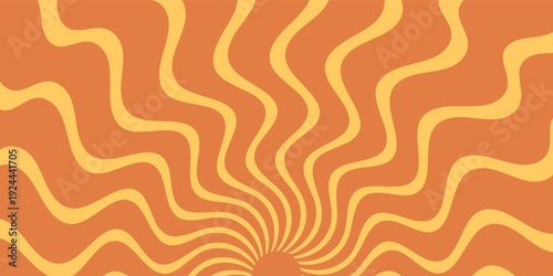 Groovy retro sun burst pattern with wavy orange rays in a horizontal background. Sunshine motif brings a y2k vibe with graphic orange energy, ideal for bold contemporary projects and stylish summer