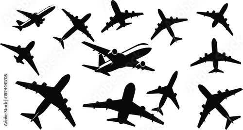 Collection of airplanes in flight silhouettes