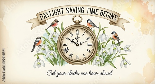 Daylight Saving Time Begins - Spring Forward with Birds and Flowers.