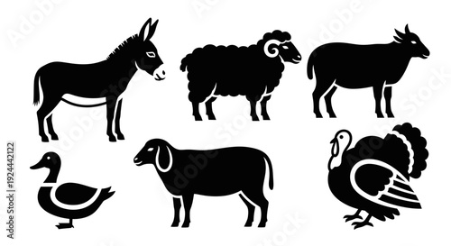 Domestic Farm Animals Silhouettes Collection Set on White Background