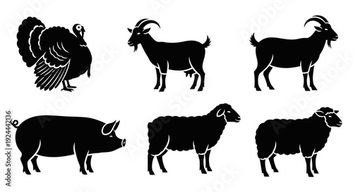 Domestic Livestock Silhouettes: Turkey, Goats, Pig, and Sheep Icons Set