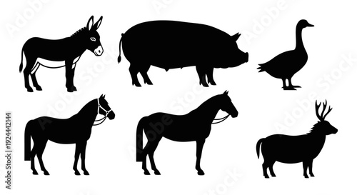 Farm and Wild Animal Silhouettes Set: Donkey, Pig, Goose, Horses, and Deer