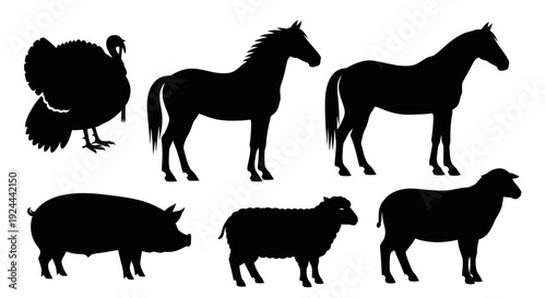 Farm Animal Silhouettes Collection: Turkey, Horses, Pig, and Sheep Icons