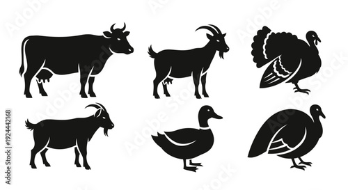 Farm Animals Silhouettes Collection: Cow, Goat, Turkey, Duck Icons