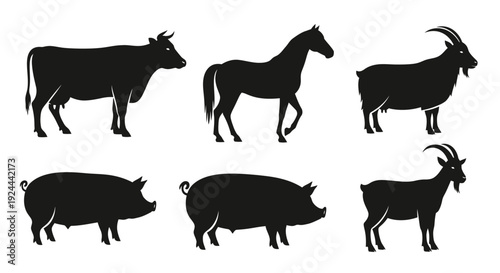 Farm Animals Silhouettes Collection: Cow, Horse, Pigs, and Goats