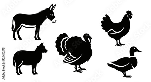 Farm Animals Silhouettes Collection: Donkey, Mule, Turkey, Chicken, and Duck Icons