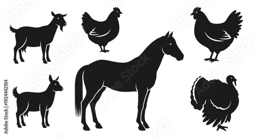 Farm Animals Silhouettes Collection: Goat, Horse, Chicken, and Turkey Vector Set