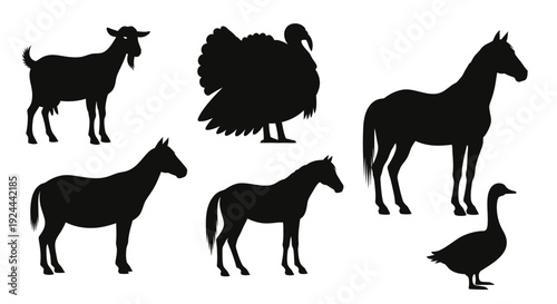 Farm Animals Silhouettes Collection: Goat, Turkey, Horses, and Goose Livestock Icons