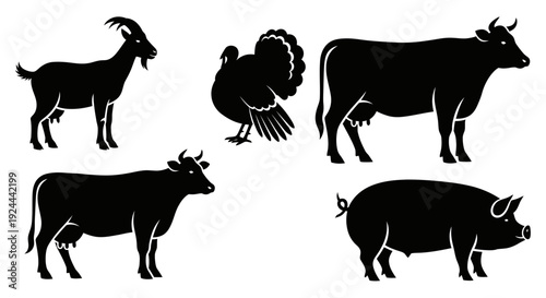 Farm Animals Silhouettes Collection: Goat, Turkey, Cows, and Pig Livestock Vector Set