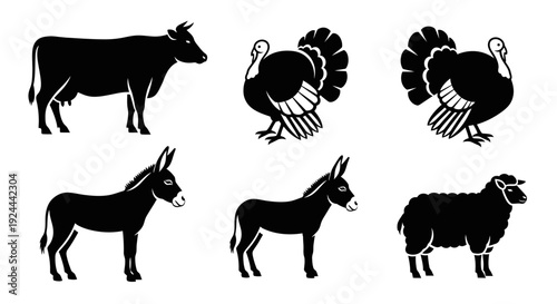 Farm Animals Silhouettes Set: Cow, Turkey, Donkey, and Sheep Icons
