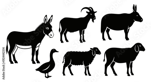 Farm Animals Silhouettes Set: Donkey, Goat, Sheep, and Goose Vector Icons